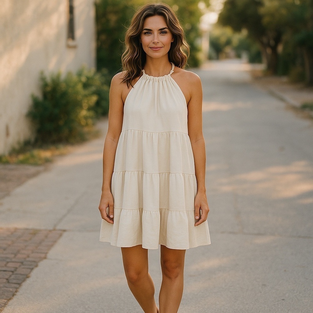 Antonio Melani Beige Tiered Halter Midi Dress